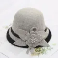 Gray woolen cloche hat for women winter fashion dome bucket hat with 3d floral decor - M (56-58cm) / Edged Four-Leaf Flower-Gray with Gray Flower