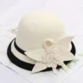 Elegant women's wool felt cloche hat with 3D flower decoration and black band for autumn winter. - M (56-58cm) / Edged Four-Leaf Flower-Cream White