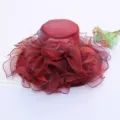 Burgundy organza sun hat large mesh floral fashion beach sunshade hat for women - Adjustable / Version 18 Large Flower Lurex Red