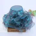 Blue organza sun hat with mesh veil and big ruffles, perfect for beach vacation and fashion. - Adjustable / Version 18 Large Flower Lurex Blue