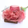 Elegant pink organza sun hat with large floral and mesh veil for women seaside vacation. - Adjustable / Version 18 Large Flower Lurex Watermelon Red