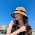 Women straw bucket hat with black ribbon and letter m summer beach sun protection - M Logo Bucket Hat / Khaki