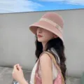 Pink knit bucket hat women summer breathable wide brim beach sun hat variant style - M Logo Bucket Hat / Pink