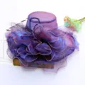 Sombrero de sol de moda de organza morada con flor grande de malla para playa y exterior. - Ajustable / Flores grandes de hilo dorado v18 púrpura