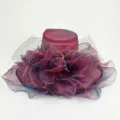 Elegante sombrero de sol de organza con grandes flores y velo de malla para playa y fiesta. - Ajustable / Flores grandes de hilo dorado v18 burdeos