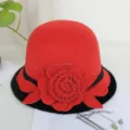 Women red wool cloche hat winter dome bucket hat with 3D flower casual stylish female headwear - M (56-58cm) / Contrast Edged Rose - Ruby Red