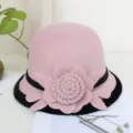 Women pink wool cloche bucket hat with 3D flower and black band for autumn winter fashion. - M (56-58cm) / Contrast Edged Rose - Taro Purple