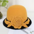 Yellow wool dome cloche hat for women with black brim and 3D flower decor autumn winter - M (56-58cm) / Contrast Edged Rose - Yellow