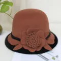 Korean style dome wool felt bucket hat with 3D flower, autumn winter warm cloche hat for women. - M (56-58cm) / Contrast Edged Rose - Dark Camel
