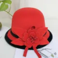 Red wool dome bucket hat with black brim edge and 3D floral decoration for women winter. - M (56-58cm) / Contrast Edged Four-Leaf Flower - Ruby Red
