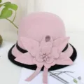 Pink woolen bucket hat for women, vintage dome bowler cap with cute 3D flower and black trim. - M (56-58cm) / Contrast Edged Four-Leaf Flower - Taro Purple