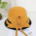 Women wool felt bucket hat yellow dome bowler hat with 3D flower autumn winter fashion headwear - M (56-58cm) / Contrast Edged Four-Leaf Flower - Yellow