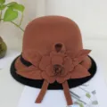Korean style brown wool dome basin hat with 3D flower and black fur brim for women. - M (56-58cm) / Contrast Edged Four-Leaf Flower - Dark Camel