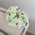 Green checkered strawberry hair scrunchie with cute white lace bow for sweet daily wear. - Scrunchie / Green Strawberry