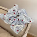 Sweet blue white plaid strawberry print lace bow hair scrunchie for cute ponytail styling. - Square Scarf Hair Tie / Blue Strawberry