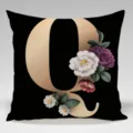 Close-up detail of luxury black and gold letter Q floral throw pillowcase, vintage style. - Single-Sided Peach Skin Pillowcase; Inner Not Included; 45x45cm