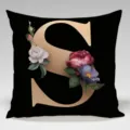 Close-up of the elegant black throw pillow featuring a luxury gold letter S and vintage roses. - Single-Sided Peach Skin Pillowcase; Inner Not Included; 45x45cm