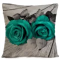 Leinen Kissenbezug quadratisch mit türkisen Rosen und Vintage Holzmaserung für Sofa. - Stil 13
