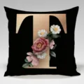 Close-up of black and gold letter T decorative cushion cover featuring vintage floral pattern. - Single-Sided Peach Skin Pillowcase; Inner Not Included; 45x45cm