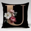 Black and gold letter U throw pillow cover with elegant floral botanical design for sofa home decor - Single-Sided Peach Skin Pillowcase; Inner Not Included; 45x45cm