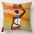 Close-up detail view of the African woman art throw pillow cover, vibrant digital print. - Single Sided 45x45cm / African Women Art 1