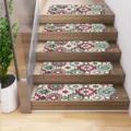 Detailed view of colorful geometric retro Persian style stair tread mats on wooden stairs. - Geometric Style 3 (MD202405016-3) / 20x76cm