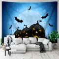 Halloween Wandteppich blauer Hintergrund gruselige Kürbisse Fledermäuse Party Deko - GT202407031-5