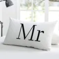 Housse de coussin rectangulaire lin motif Mr blanc couple taie d'oreiller cadeau mariage - Taies d'oreiller unilatérales en lin fin ; sans rembourrage ; 50x30 cm / 1