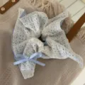 Lace bow hair scrunchie blue gingham white eyelet lace ponytail holder elegant hair accessory - Scarf Blue Bow Style / Blue
