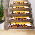 Halloween stair tread mat detail showing festive ghost and pumpkin design on wooden steps. - 20x76cm / MD20240805-1