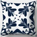 Dettaglio federa con motivo botanico astratto blu e bianco, copricuscino quadrato moderno. - Federa in Pelle di Pesca Monolaterale / TPRy165-5