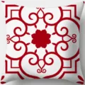 Vista di dettaglio di una fodera per cuscino geometrica rossa e bianca dal design moderno. - Federa in Pelle di Pesca Monolaterale / TPRy155-13