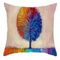 Détail en gros plan du motif d'arbre de peinture à l'huile coloré sur la housse de coussin. - Taie d'oreiller en lin fin à une face, sans rembourrage, 35x35 cm / BZ202401107-3