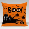 Fodera per cuscino decorativa di Halloween con spettrale design di zucca e pipistrello. - BZ20240513-5