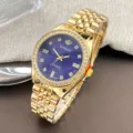 Goldene Quarzuhr für Damen mit Strass Lünette und dunkelblauem Zifferblatt luxuriöse Armbanduhr - Blau Herren