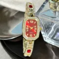 Women Rhinestone Quartz Watch Elegant Red Dial Gold Chain Bracelet Watch Fashion Gift - Red