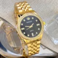 Goldene Damenuhr mit Quarzwerk, schwarzem Zifferblatt und glitzernder Strasslünette. - Schwarz Herren