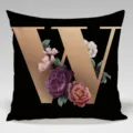 Detail view of the black cushion cover featuring a rose gold letter W and vintage floral design. - Single-Sided Peach Skin Pillowcase; Inner Not Included; 45x45cm