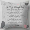 Detailed view of letter to daughter peach skin velvet pillow cover with heartwarming text. - TPRy074-A-15