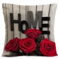 Linen throw pillow cover with vintage rustic wood red roses and black Home text for sofa decor. - Single-Sided Linen Pillowcase; Inner Not Included; 45x45cm / Style 1