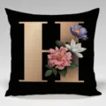 Black square pillowcase featuring a gold letter H and elegant floral print for home sofa decor - Single-Sided Peach Skin Pillowcase; Inner Not Included; 45x45cm