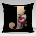 Black throw pillow cover featuring gold letter J and vintage botanical floral design. - Single-Sided Peach Skin Pillowcase; Inner Not Included; 45x45cm
