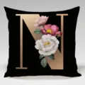 Black gold letter N floral cushion cover, elegant square decorative throw pillow case. - Single-Sided Peach Skin Pillowcase; Inner Not Included; 45x45cm
