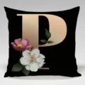 Black gold letter P rose pillow cover, elegant floral square cushion for sofa and living room. - Single-Sided Peach Skin Pillowcase; Inner Not Included; 45x45cm