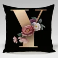 Black throw pillow cover featuring a gold letter Y with vintage floral illustrations. - Single-Sided Peach Skin Pillowcase; Inner Not Included; 45x45cm