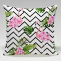 Tropical flamingo floral cushion cover detail view, black and white chevron pattern design - Single-Sided Peach Skin Pillow Cover Without Core 45x45cm / BZ202405022-3