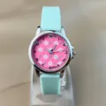 Süße Kinder Quarz Uhr mit Blumen Muster, mintgrünem Silikonarmband und rosa Zifferblatt. - Mintgrün