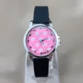 Kinder Quarzuhr mit schwarzem Armband und rosa Blumen Zifferblatt für Studenten. - Schwarz