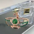 Elegant women's green dial quartz watch with rhinestone rose gold adjustable bracelet. - Green
