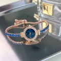 Exquisite rhinestone bracelet quartz watch with adjustable strap, vintage blue dial women's watch. - Blue